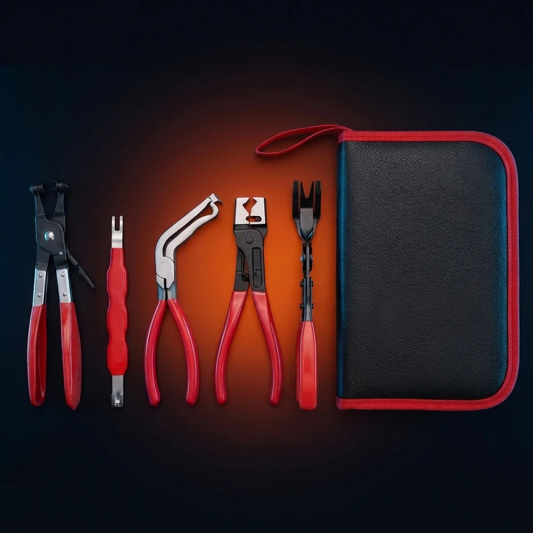 All five automotive tools laid out beside the padded zip case