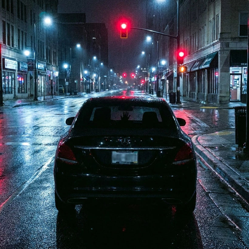 Driver waving a hand that no one behind can see at night