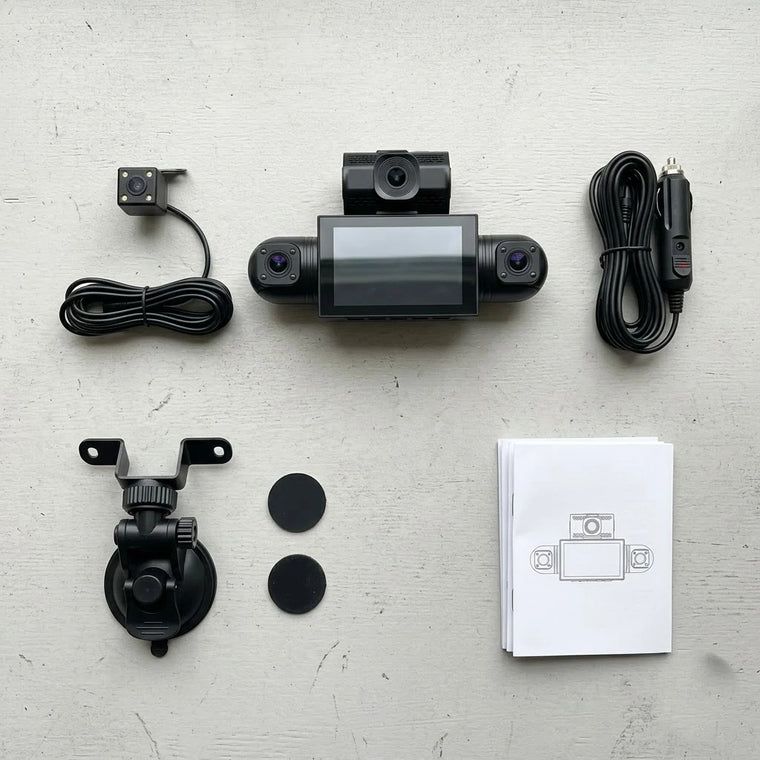4-channel dash cam with rear camera, cables and mounting accessories