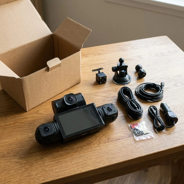 dash cam package arriving and being mounted on a windshield