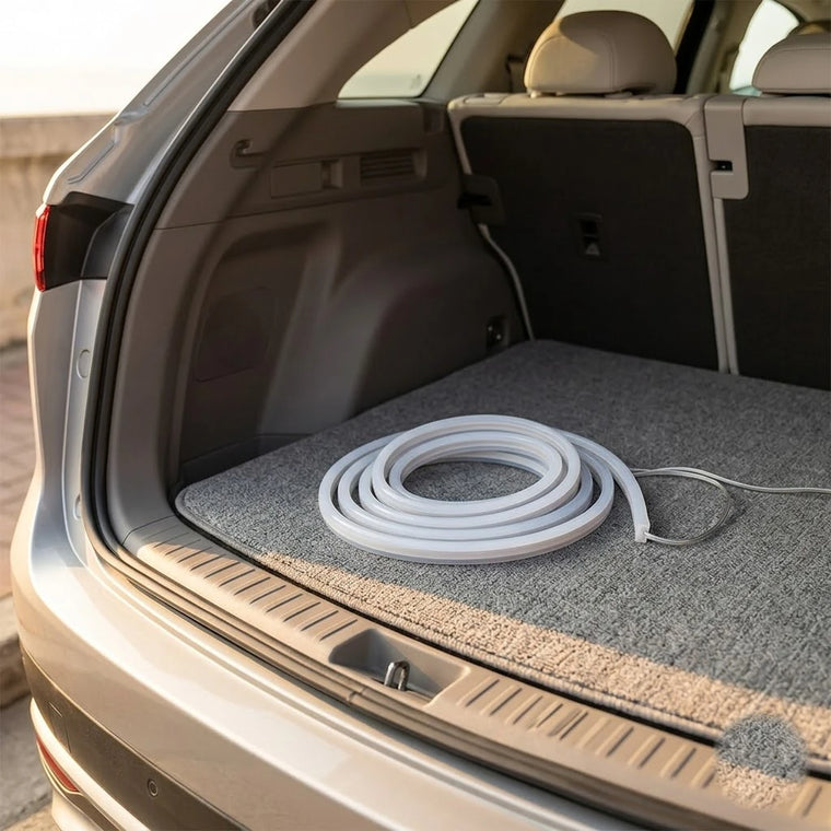 A BOLTHUT LED trunk strip resting in an open car trunk in daylight