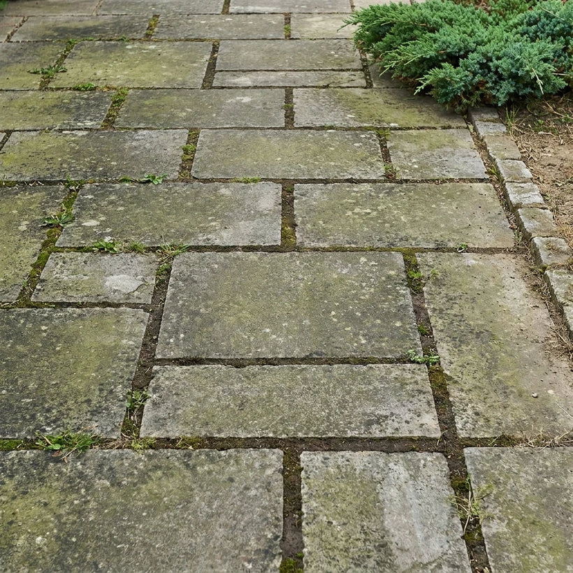 Driveway pavers darkened with grime before rinsing