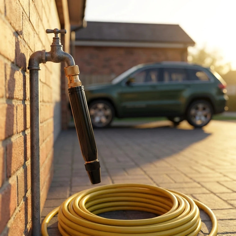 Jet wand hanging by the outdoor tap next to a coiled garden hose
