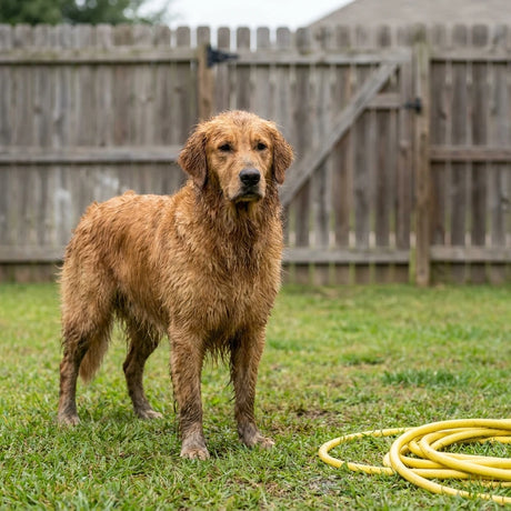 Dog owners rinsing paws outside