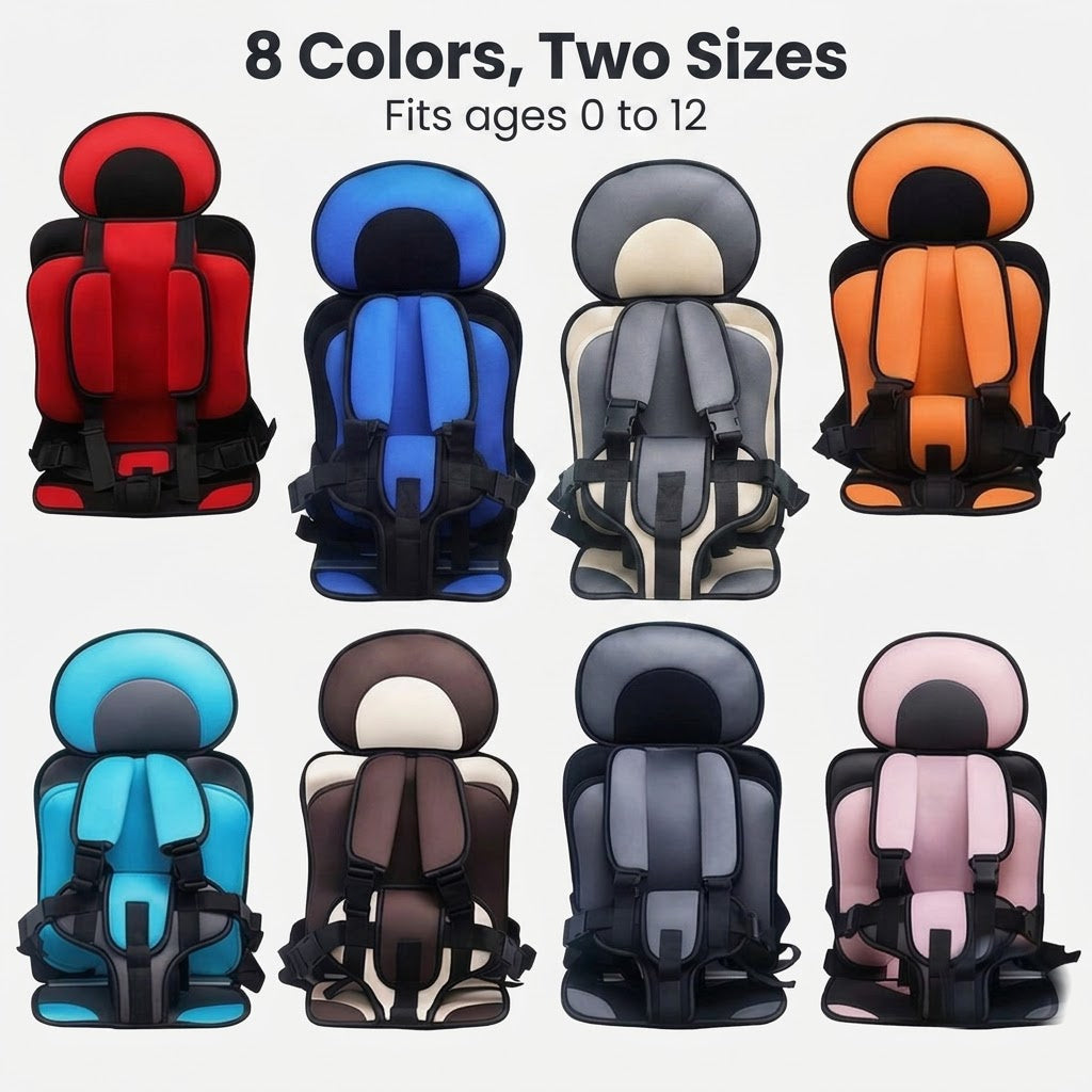 Portable travel car seat in 8 colors, two sizes for ages 0 to 12