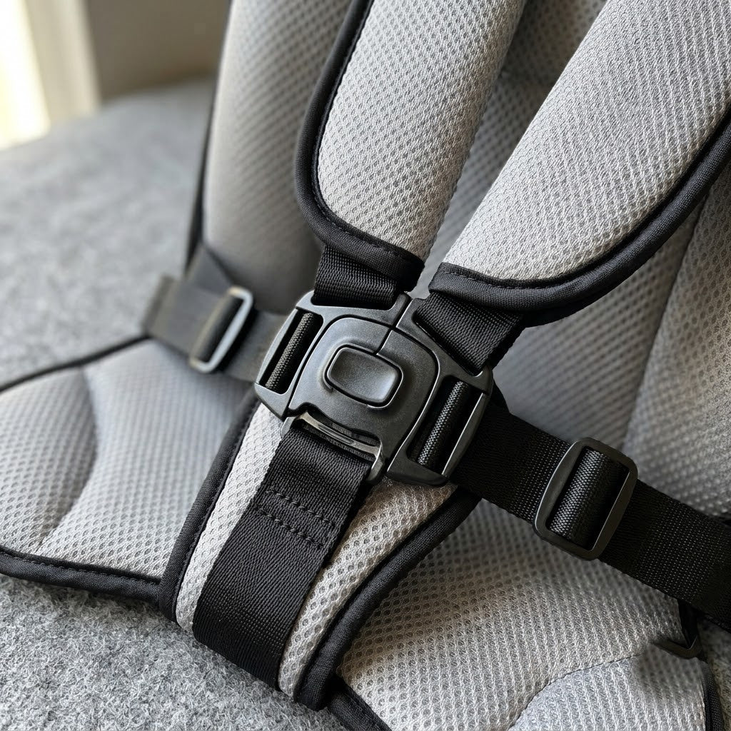 Padded harness straps and center buckle close-up