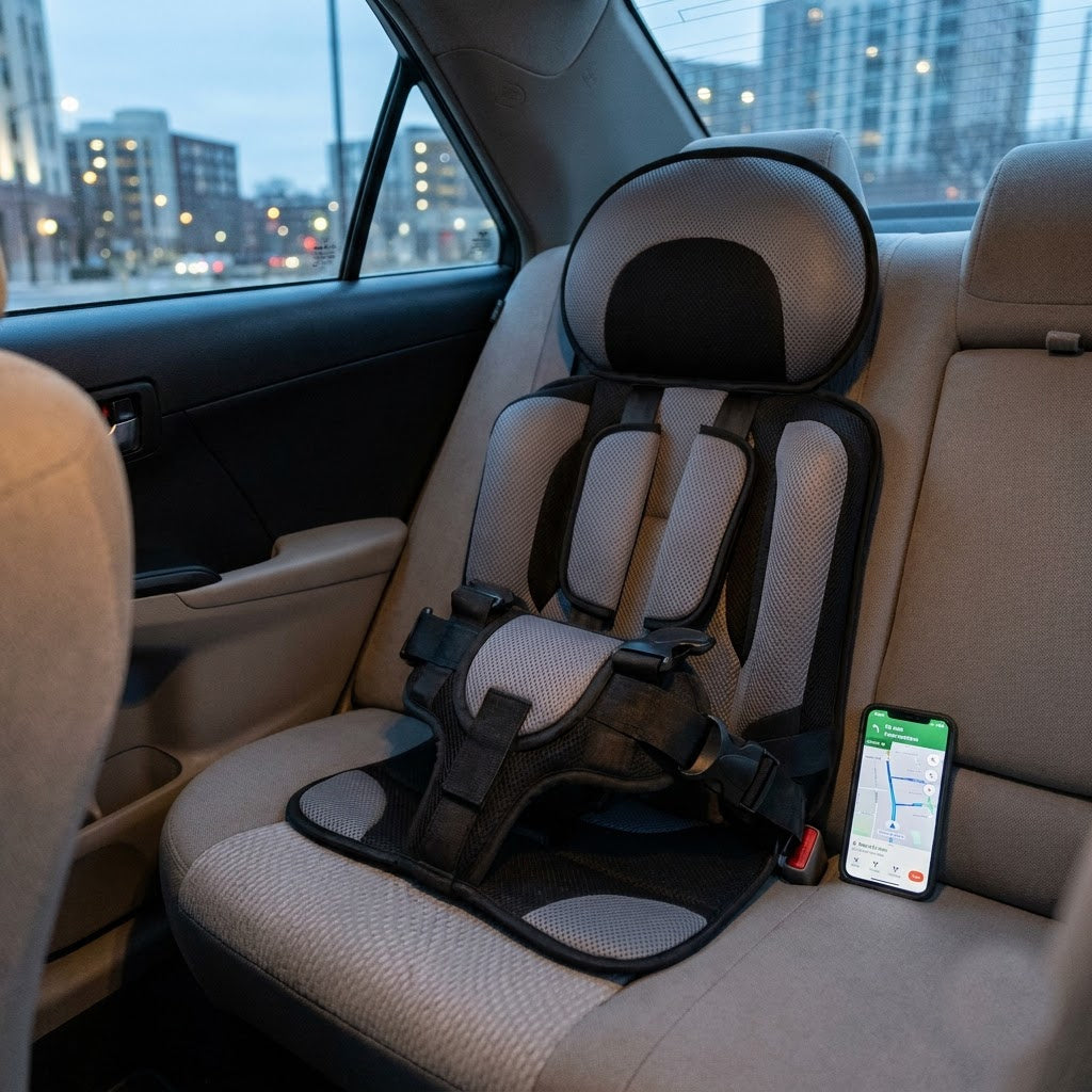 Portable travel car seat on a rideshare back seat