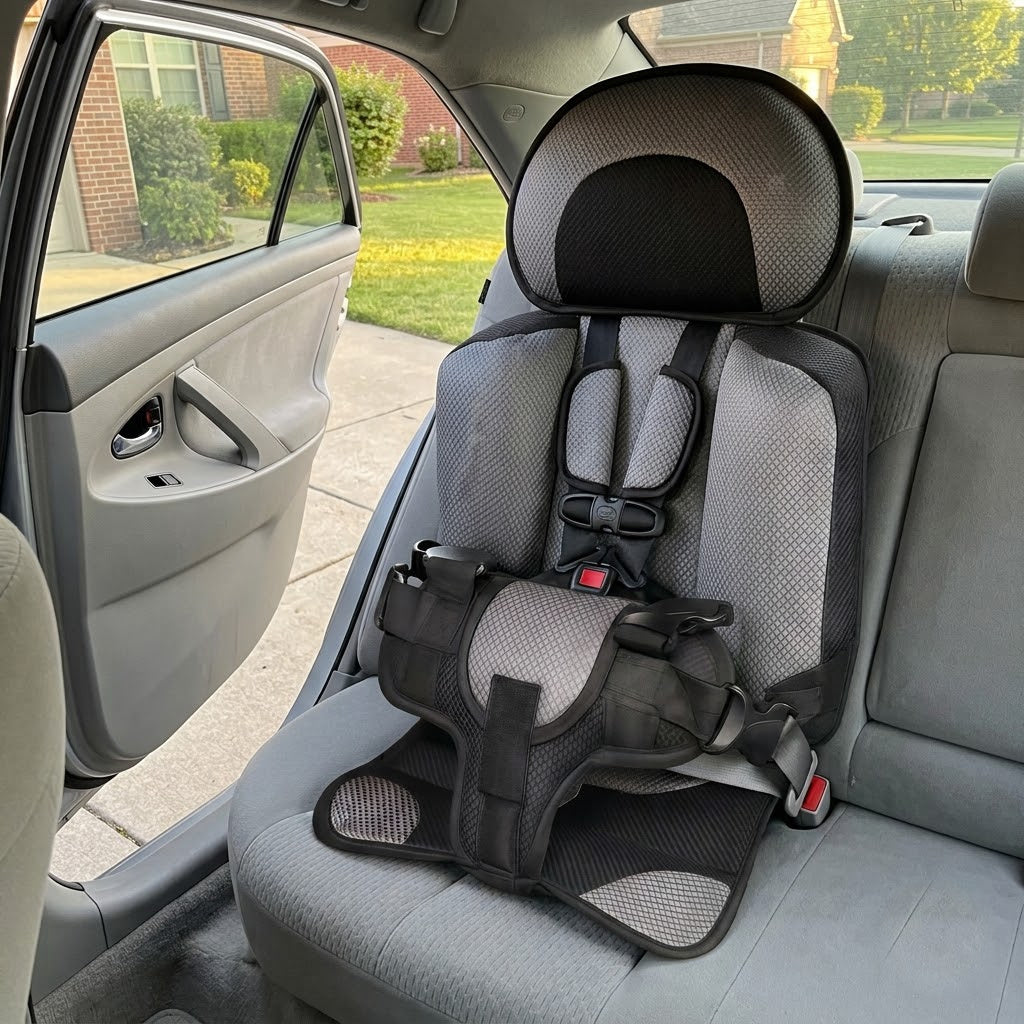 Portable travel car seat installed in a sedan back seat