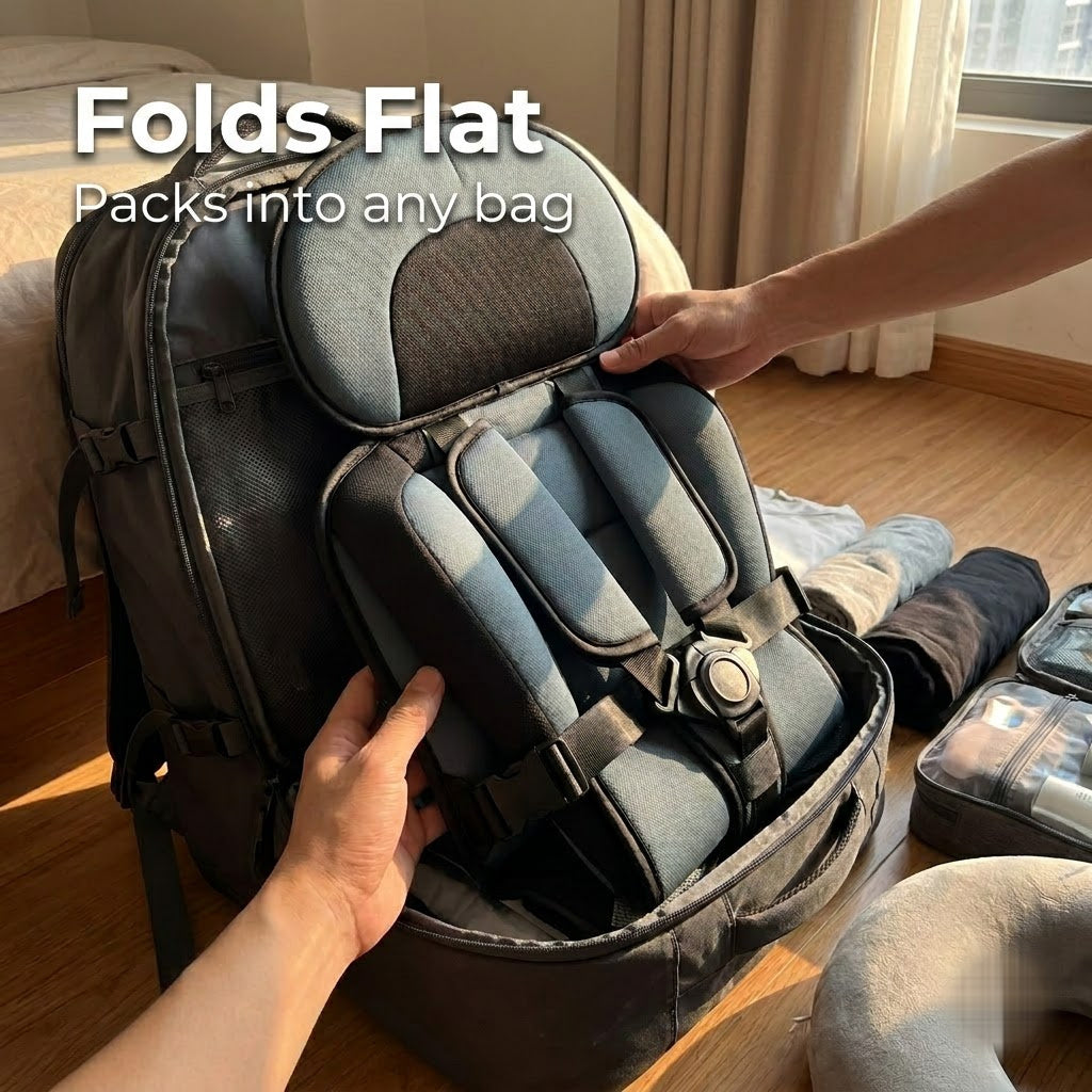 Travel car seat folds flat and packs into any bag