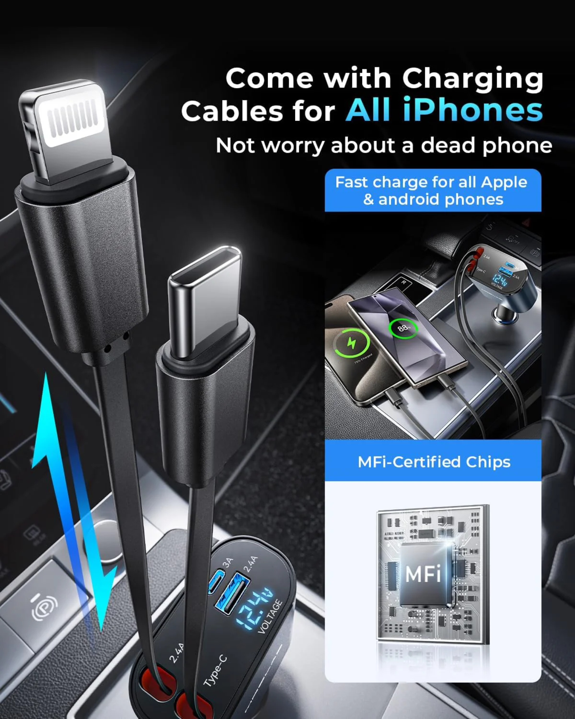 Multi-device charging cable with MFI certification on a dark background