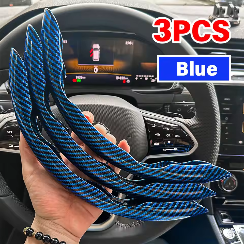 Three blue carbon fiber strips held in front of a car's dashboard.