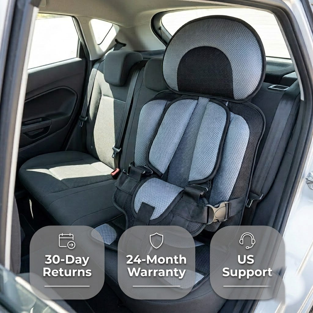 BoltHut travel car seat with 30-day returns and 24-month warranty