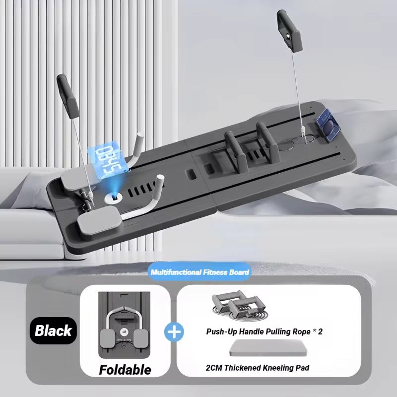 Multifunctional fitness board with push-up handle, pulling rope, and kneeling pad on a car roof.