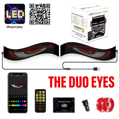 LED matrix panel with packaging, smartphone app, remote control, and accessories on a white background.