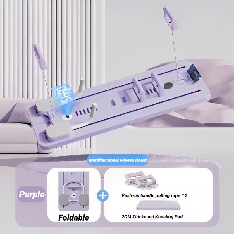 Purple multifunctional fitness board with push-up handle and kneeling pad on a light background