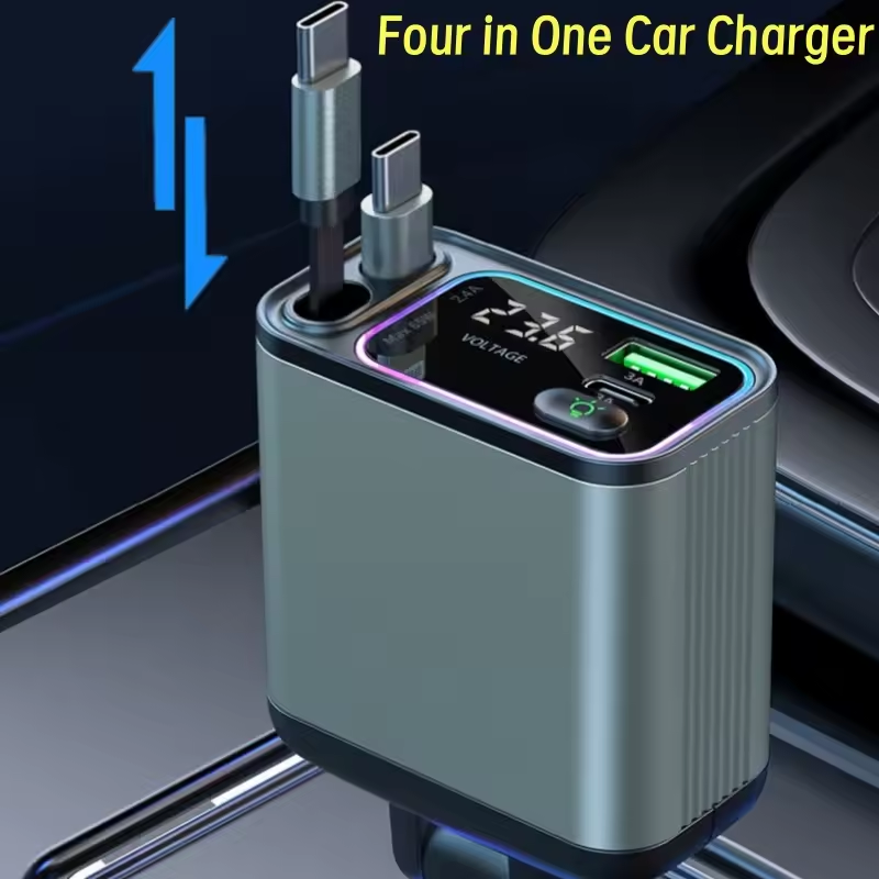 Four-in-one car charger with digital display on a car dashboard background