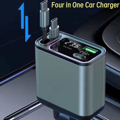 Four-in-one car charger with digital display on a car dashboard background