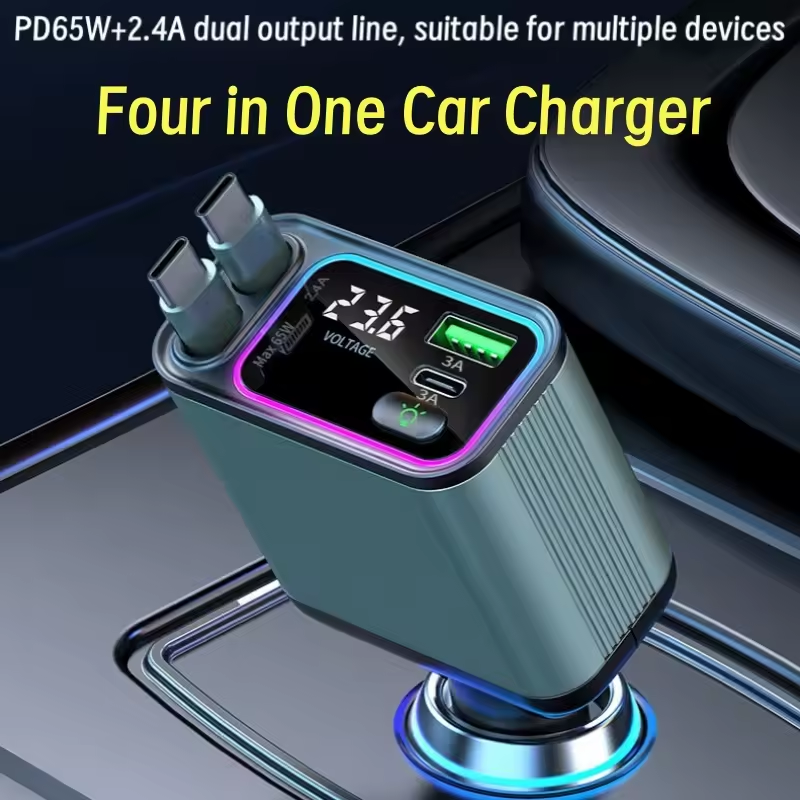 Four-in-one car charger with digital display on a car dashboard background