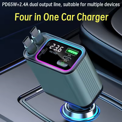 Four-in-one car charger with digital display on a car dashboard background