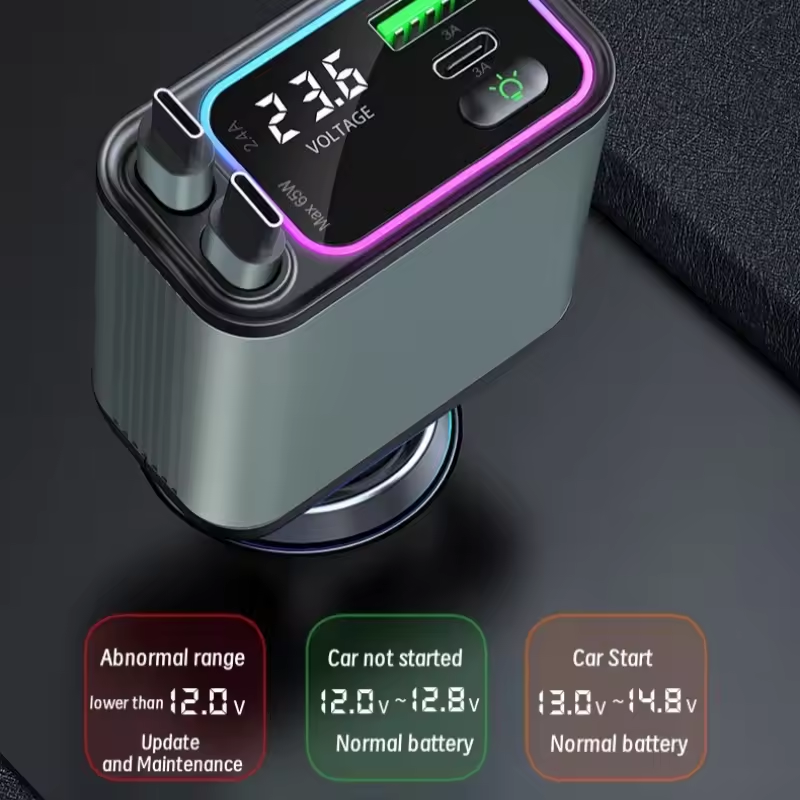 Car battery tester with digital display on a dark background