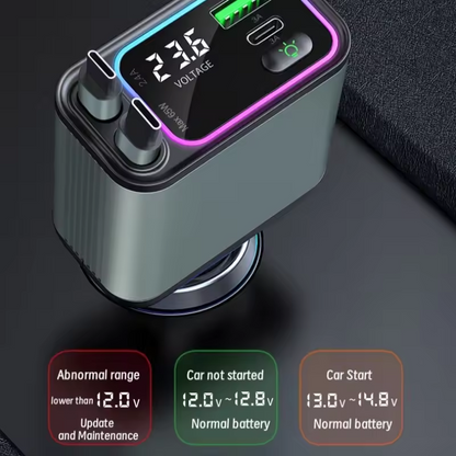 Car battery tester with digital display on a dark background