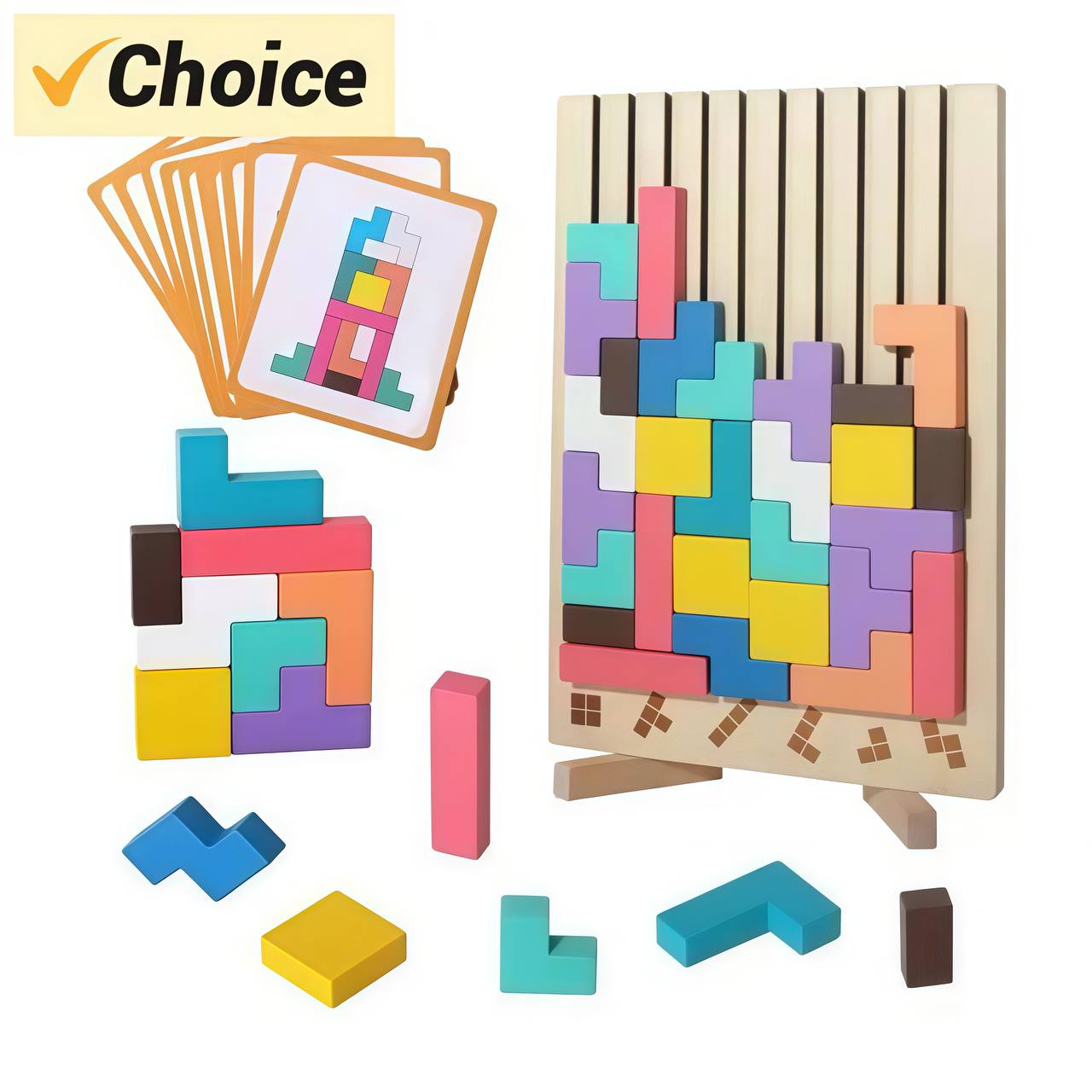 Tetris-style puzzle game with colorful wooden blocks and instruction cards on a white background.