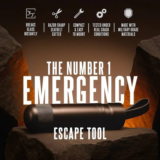 Emergency escape tool with features listed on a dark background