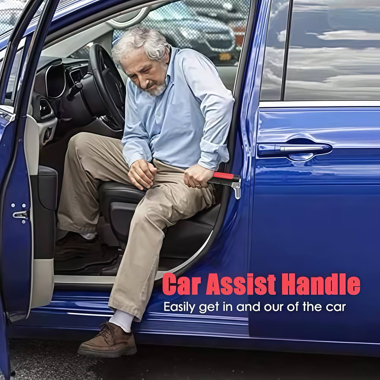 Man using a car assist handle to get into a blue car