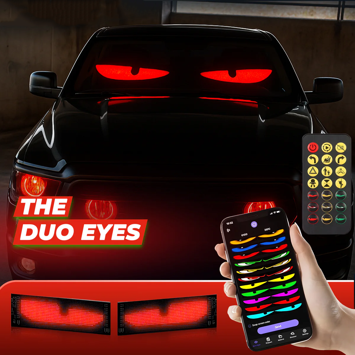 Car with LED eye lights and remote control, featuring 'The Duo Eyes' brand.