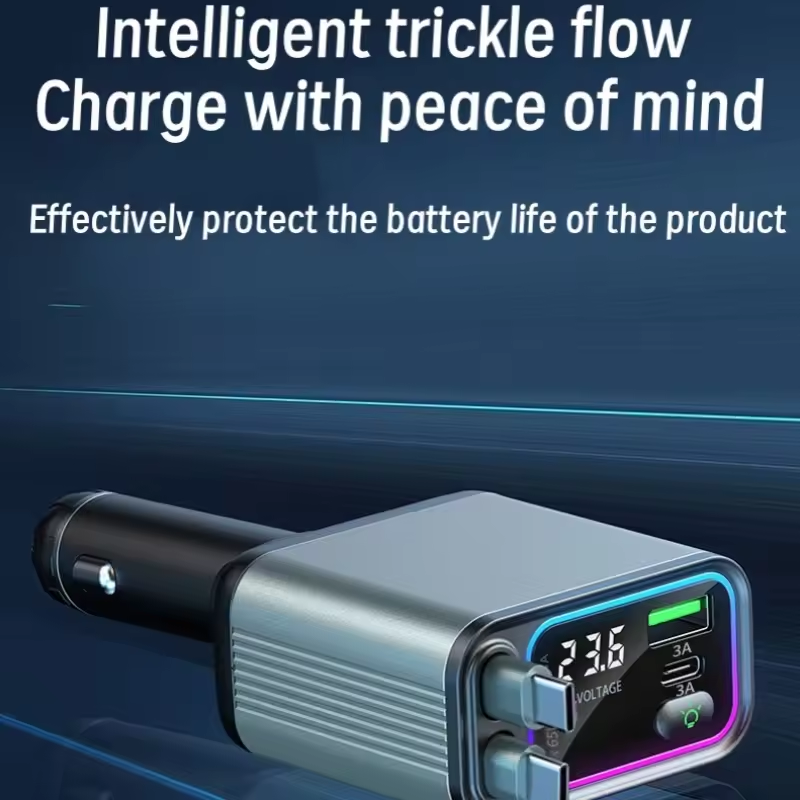 Car charger with digital display on a dark blue background