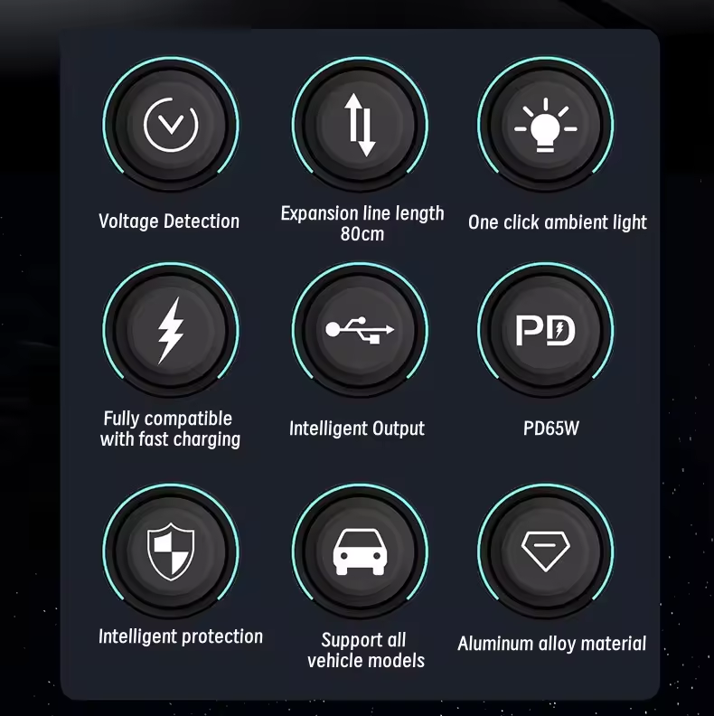 Set of icons and text on a dark background, likely representing features of a product.