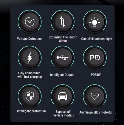 Set of icons and text on a dark background, likely representing features of a product.