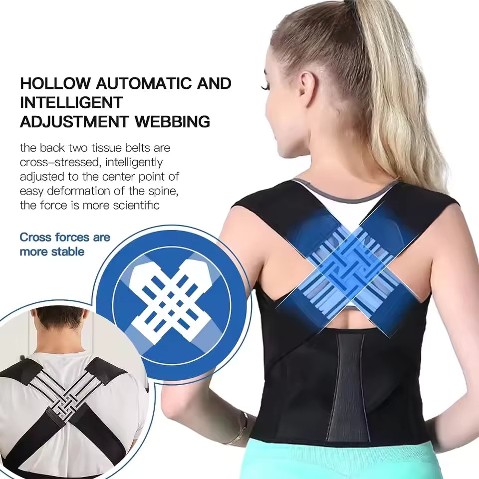 Woman wearing a black posture corrector with text and diagrams on a white background