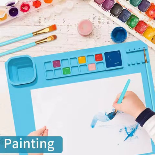Painting Mat Non-stick Silicone Art Mat with Washing Cup Kids DIY Graffiti Drawing Clay Board with Brush Holder for Artist