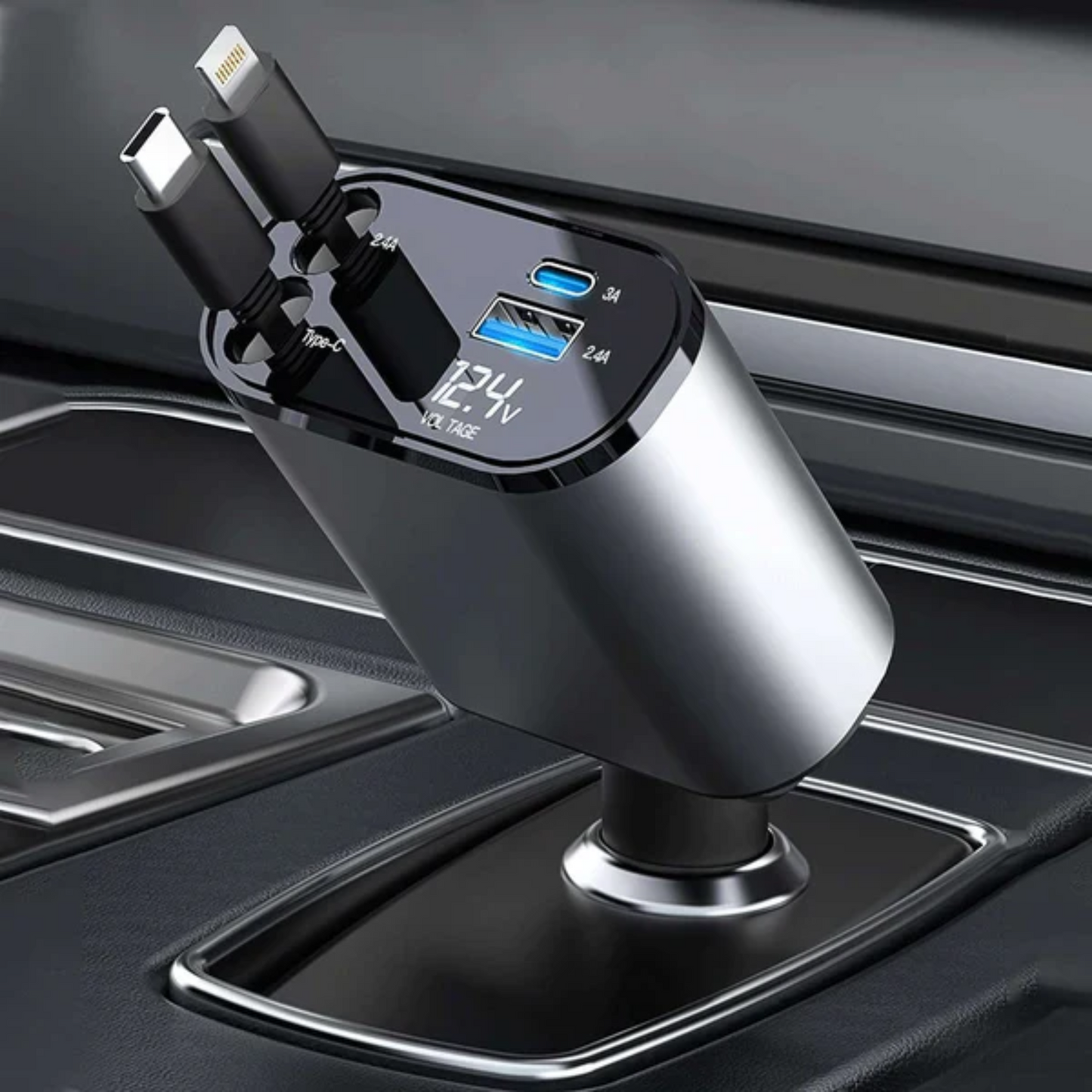 Car charger with multiple ports on a car dashboard