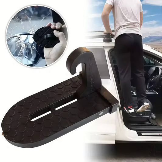 Car step ladder with inset showing use on car window, person using ladder to get into car.