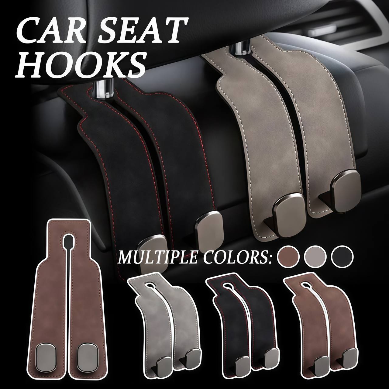 Car seat hooks with multiple color options displayed on a car interior background.