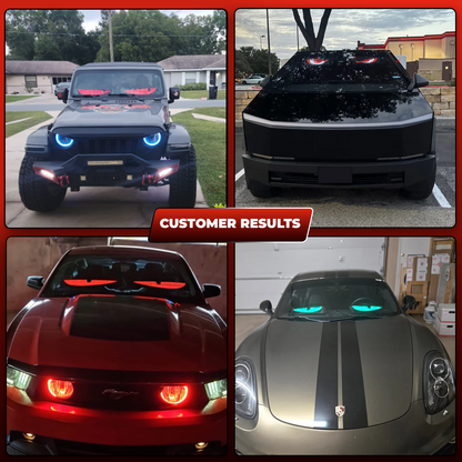 Collage of cars with custom headlights in various colors and settings.