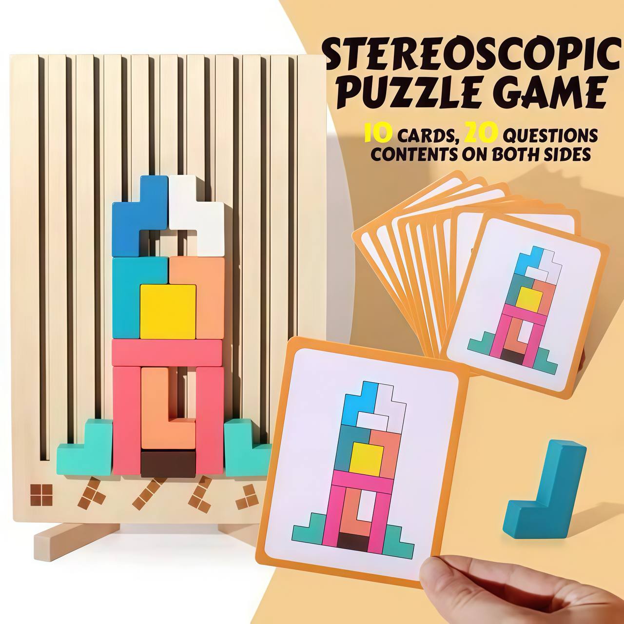 Stereoscopic puzzle game with cards and wooden structure on a beige background