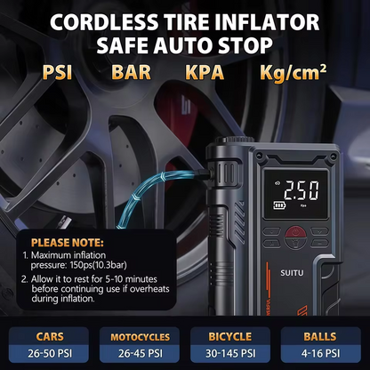 Multi-function tire inflator and jump starter