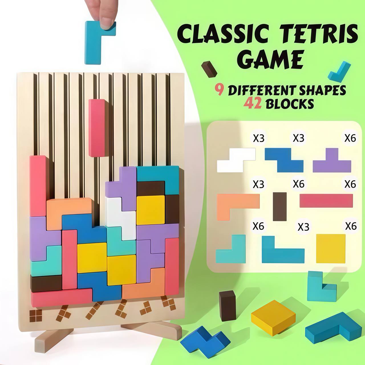 Wooden Tetris game with colorful blocks on a white background