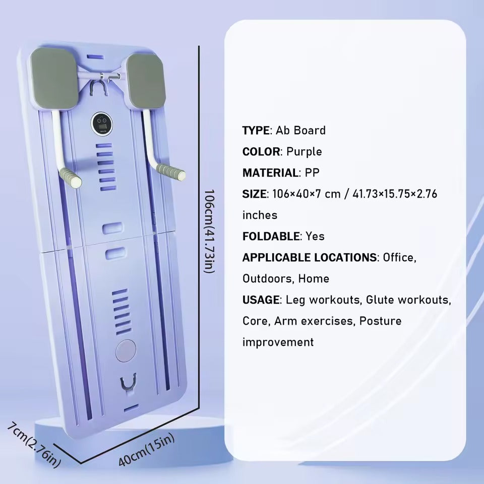 Purple ab board with specifications on a light purple background