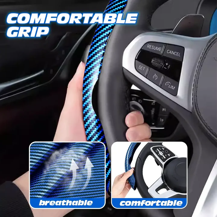 Hand holding a blue steering wheel cover with text highlighting comfort and breathability, set against a car interior background.