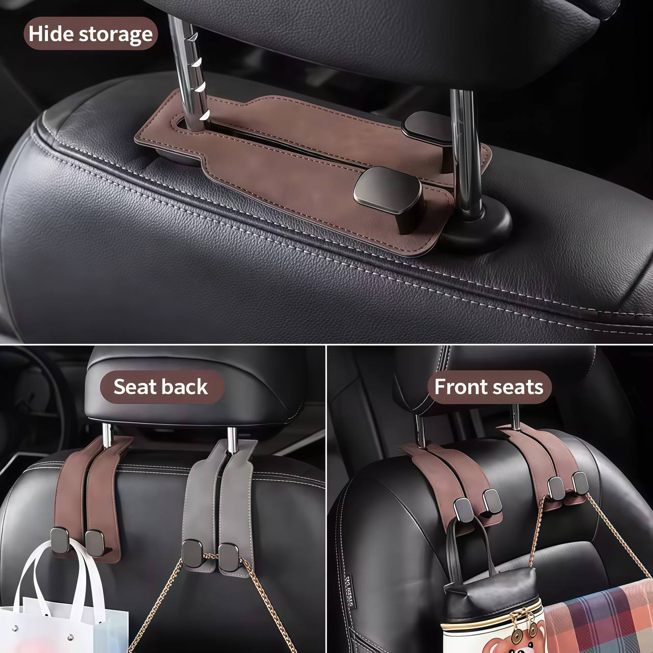 Car headrest organizer with storage pockets and hooks on a car seat.