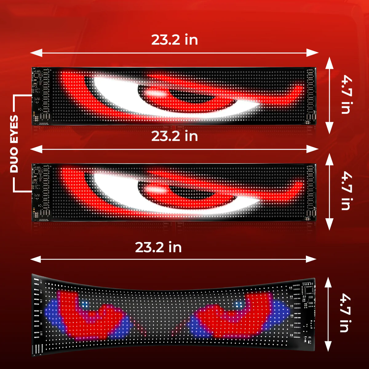 LED display with dimensions labeled on a red background