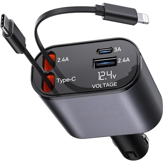 Car charger with digital display and multiple USB ports on a white background