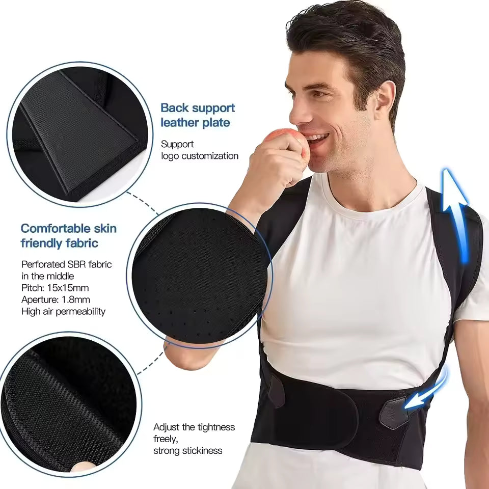 Man wearing a black back support brace with detailed features highlighted.