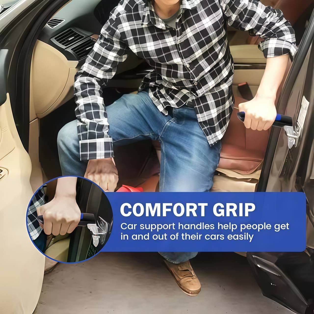 Person using a car support handle to get into a car with 'Comfort Grip' text overlay.