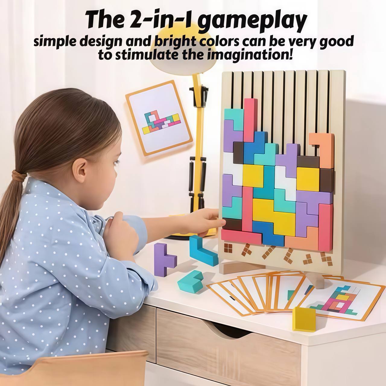Child playing with a colorful puzzle game on a table.