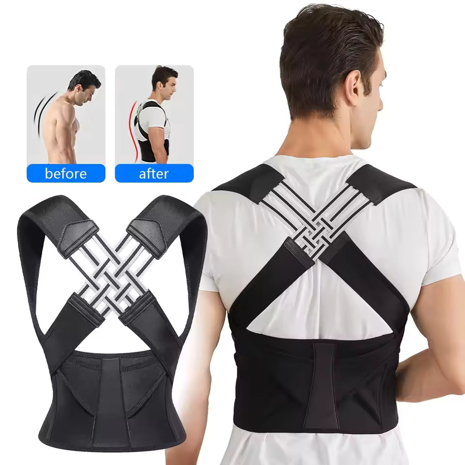 Person wearing a black posture corrector with 'before' and 'after' comparison images on a white background.